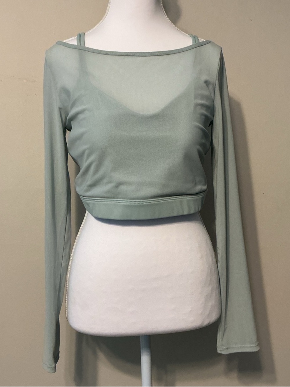 Sheer Light Sage Long-Sleeve Crop Top